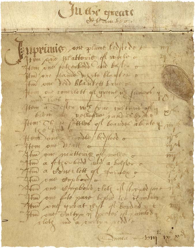 The National Archives: PROB 2/423; Offley inventory, 1582